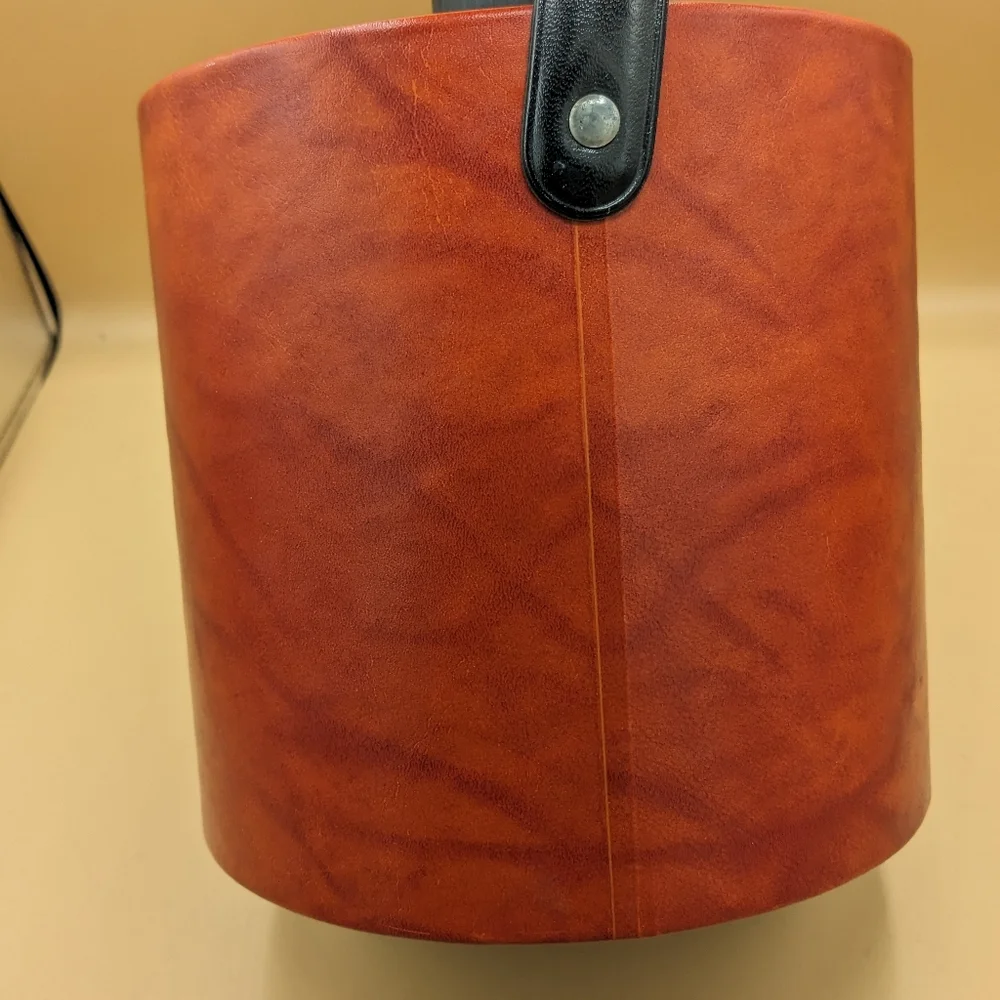 Irvinware Vintage Faux Leather Vinyl Blood Orange Ice Bucket w/ Black Lid Handle